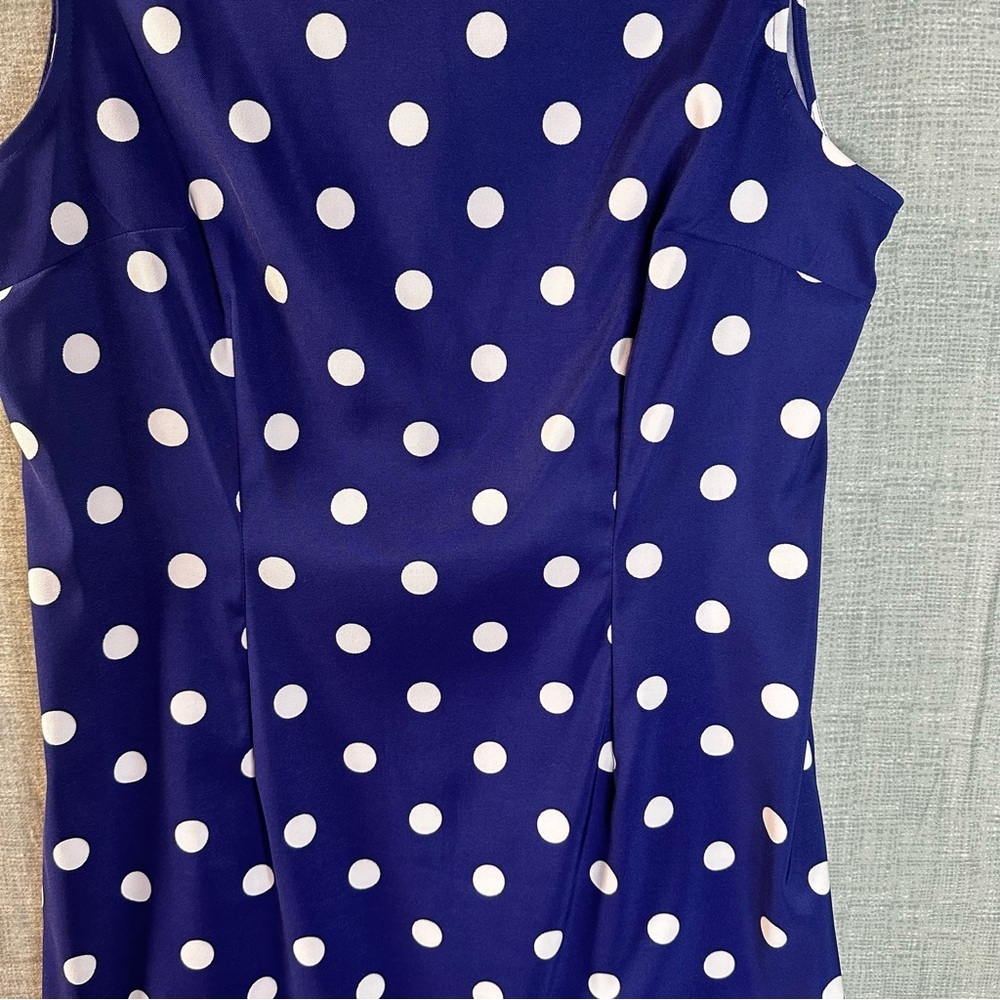Connected Apparel Blue White Polka Dot Sheath Dress Size 16 Sleeveless Knee Work - Picture 2 of 13